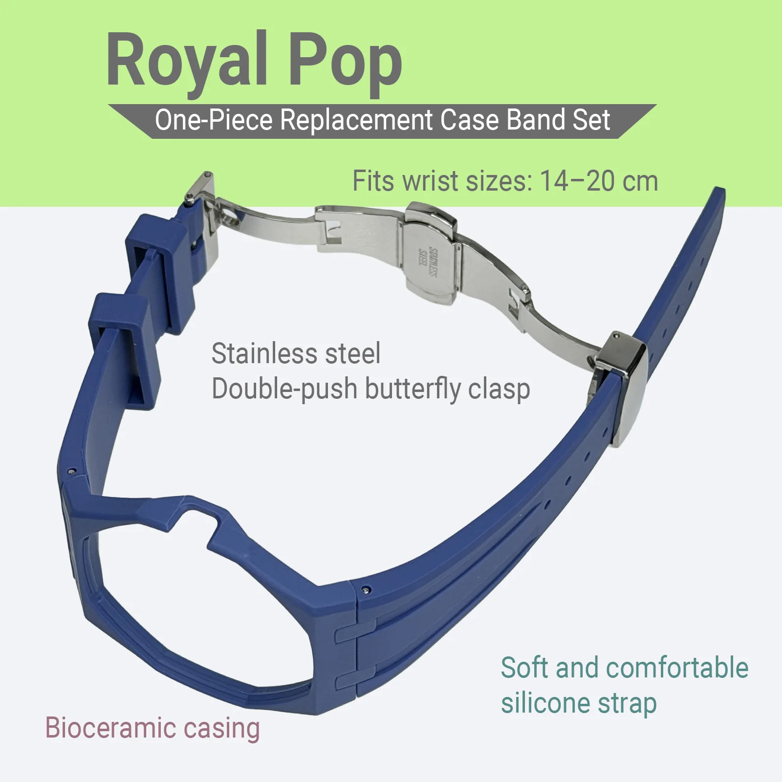Integrated Bioceramic Watch Case Strap Kit Compatible with AP X Swatch Royal Pop Series, with Stainless Steel Folding Clasp