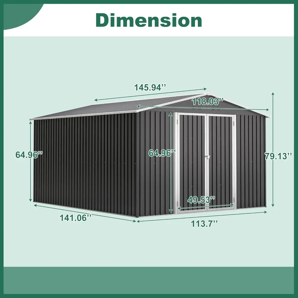 10×12 FT Aufbewahrungsschuppen für den Außenbereich, wasserdichte Werkzeugschuppen aus Metall mit Schloss und Schlüssel, robuste Schuppenseinheit mit Türen und Lüftungsschlitzen, verzinkt