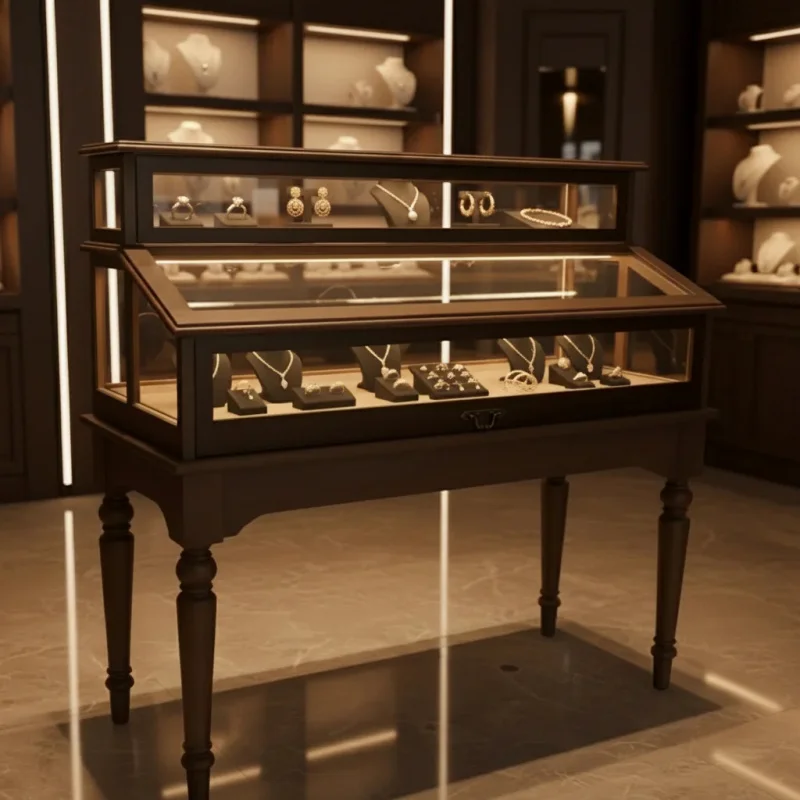 custom.A Vintage-style Jewelry Display Crafted From Wood, Metal, and Tempered Glass,exquisitely Stylish and Radiating Elega