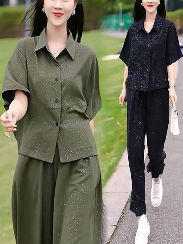 plus Size Summer Slimming Loose Fashion Set Sparkling Meat Covering New Style Age Reducing Shirt Women's Two-Piece Set