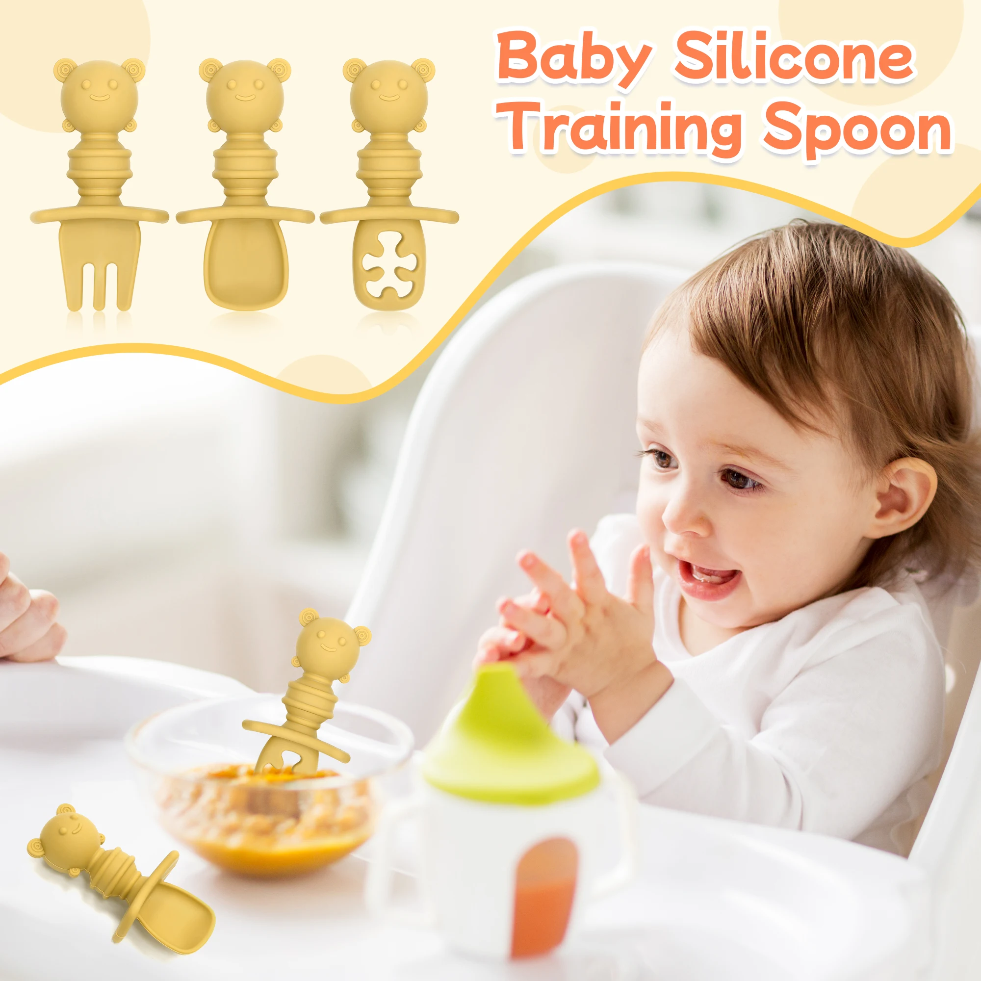 

3-piece adorable silicone baby spoon set with easy-grip handles and anti-choking shields,baby safety spoon