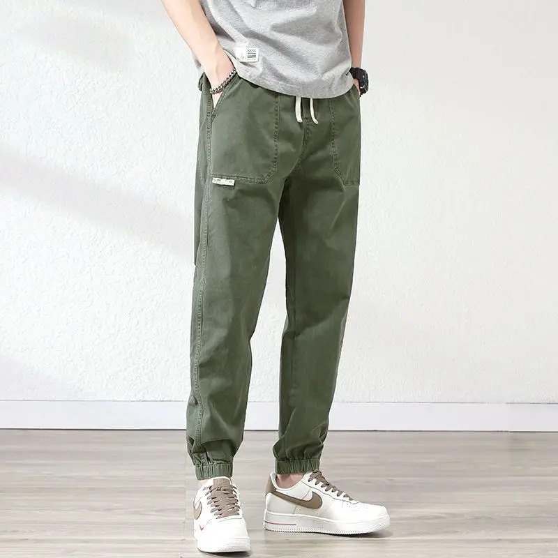 

Cotton New Summer Patch Pocket Street Casual Fashion Brand Cargo Pants Loose Waist Drawstring Men's Bound Leg Harun Pants Men