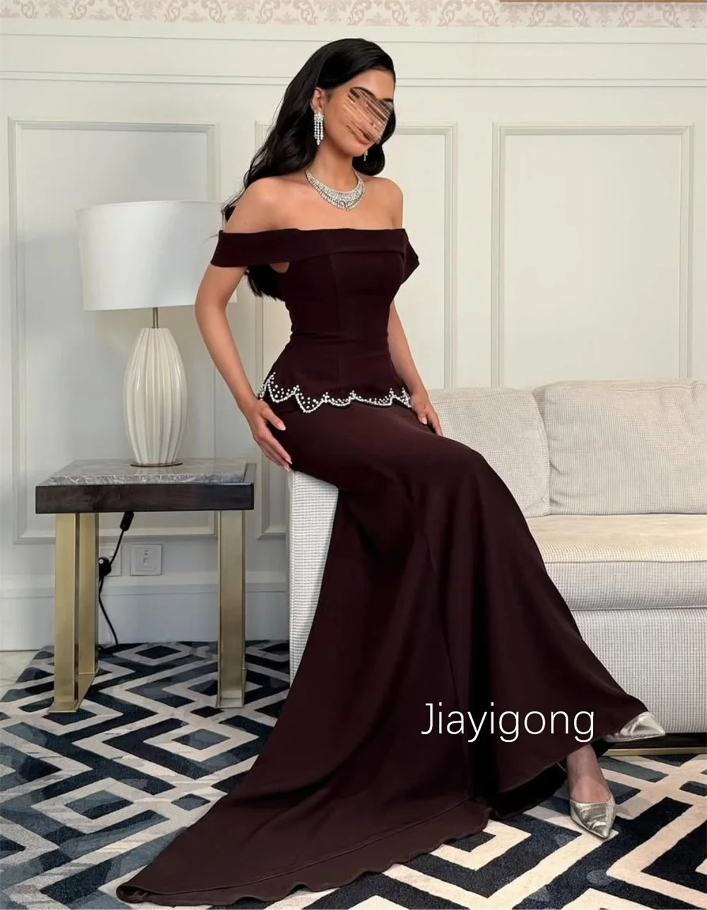 Customized Simple Jersey Pleat Sequined Trumpet Off-the-shoulder Long Bespoke Occasion Prom Dresses High Quality 3