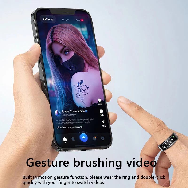 Anello intelligente con schermo di visualizzazione, dock di ricarica touch, ribaltamento della pagina, scattare foto, anello intelligente, frequenza cardiaca, ossigeno nel sangue, sonno