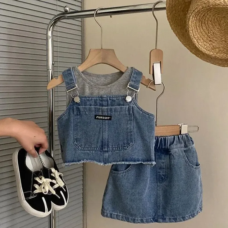 

Children's Sets Baby Clothes Summer Thin Fashion Korean Strapped Denim Jumper Separates 3-Piece Set Baby Summer