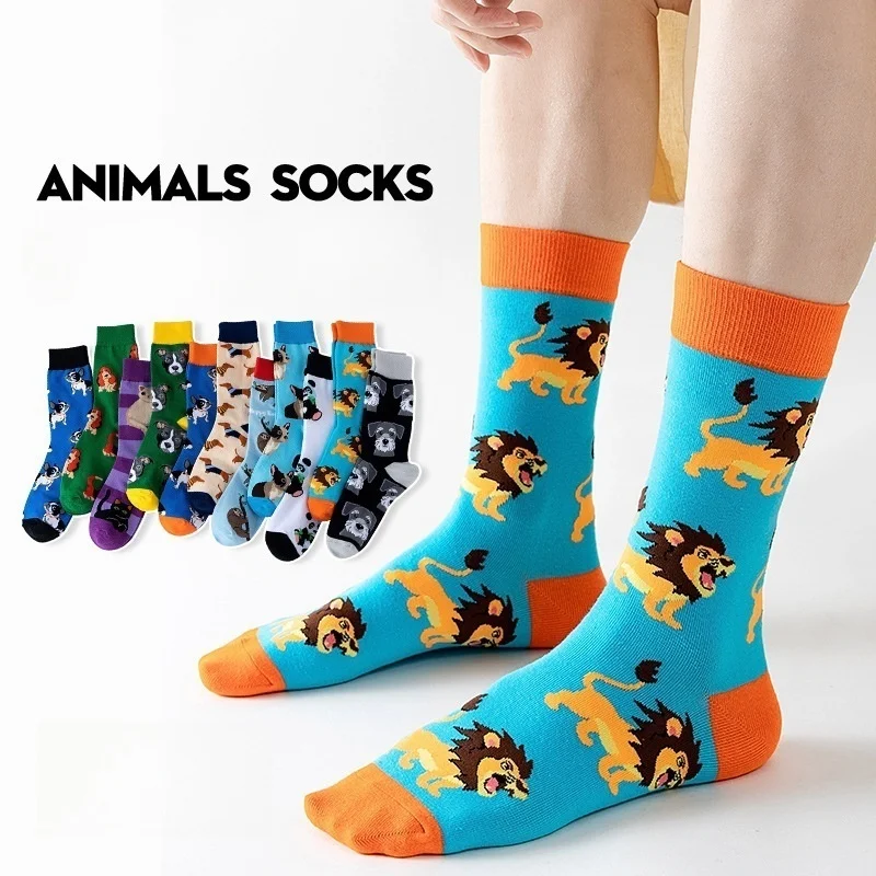 Panda Lion Cat Dog Socks Cotton Mid-Calf Crew Socks Men Women Funny Animal Print Sokken Calcetines Soft Breathable Trendy Socks