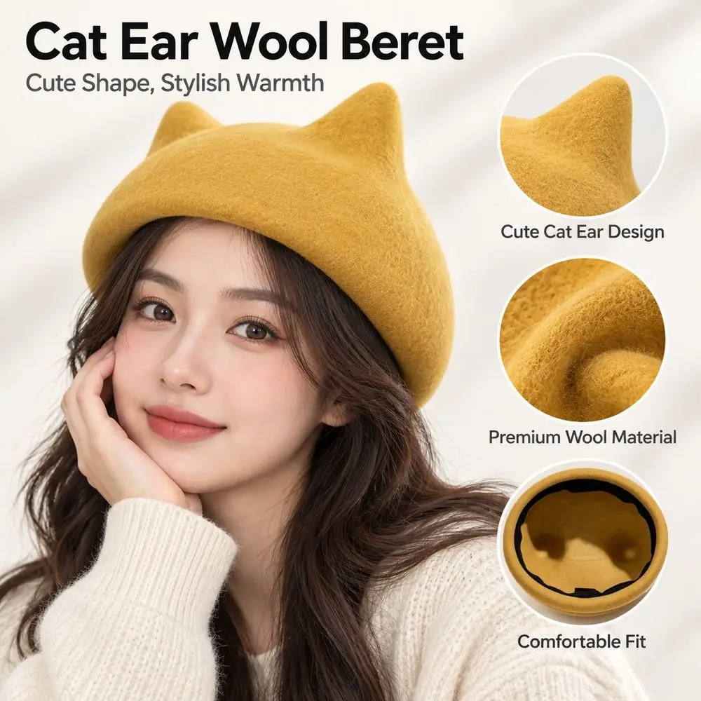 Lovely Cat Ear Design Beret Hat Cute Girls Soft Touch Premium Wool Painter Hat Ladies Solid Color Warm Wool Beret Hat for Women