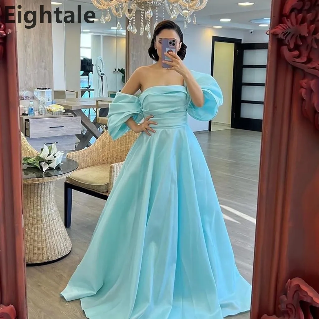 فستان Eightale 2025 من الساتان الأزرق على شكل حرف A بدون أكتاف فستان سهرة طويل للحفلات الراقصة للنساء في دبي فستان رسمي للحفلات حسب الطلب #1