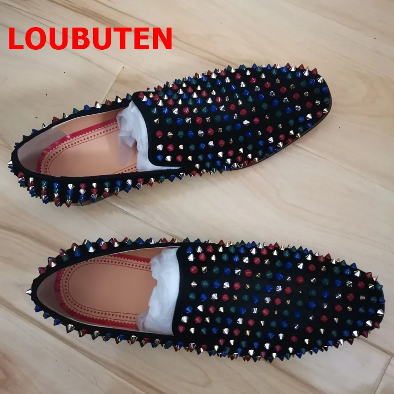 

LOUBUTEN Suede Leather Men Spiked Shoes Fashion Colorful Rivet Loafers Casual Shoes Slip On Party And Prom Shoes