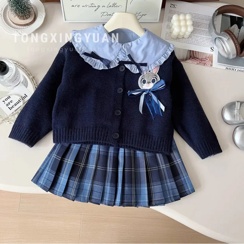 

Girls' Spring and Autumn Suit Children's Preppy Style Girls' Sweater Pleated Skirt Rabbit OfficerjkSkirt Three-Piece Set