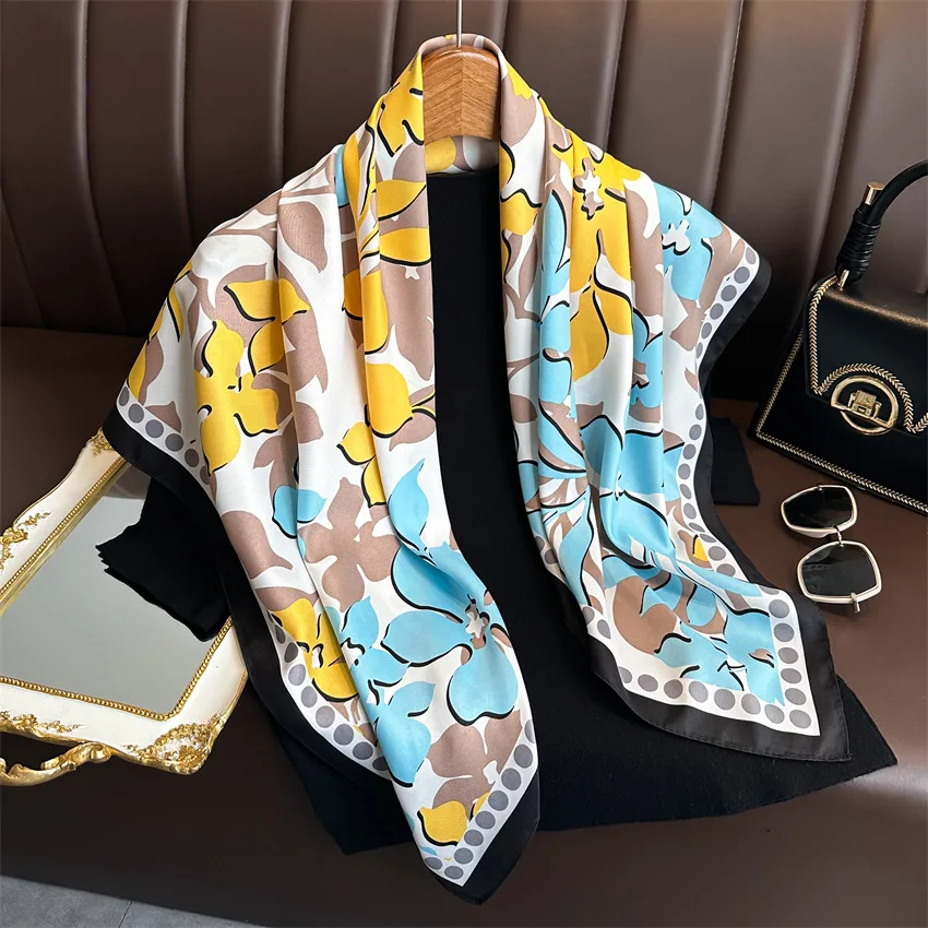 90*90cm Print Silk Scarf Women Luxury Hairband Neckerchief Shawls Bandanna Headband Foulard Ribbon Wraps Female Square Scarves