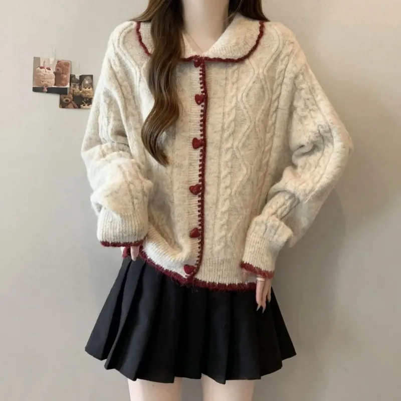 Women Collar Cable Knit Cardigan Heart Button Contrast Trim Long Sleeve Loose Sweater Coat