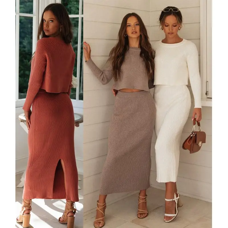 

Knitted Sweater Dress Long Skirt Split Design Winter Fashion Women's Ensemble Three-Piece Set Long Sleeve Color