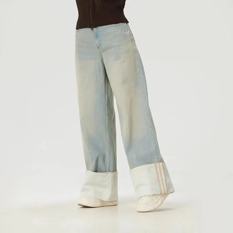 Adidas Originals KW4517 Women Light Wash Wide Leg Jeans Cuffed Hem 3 Stripes Casual Loose Fit Button Fly Vintage Denim Trousers