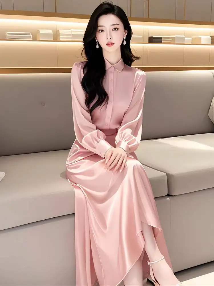 Elegant New Autumn Pink Satin Two Piece Set Fashion Women Lapel Single Breasted Puff Sleeve Shirt Tops + Long Party Skirt Suits