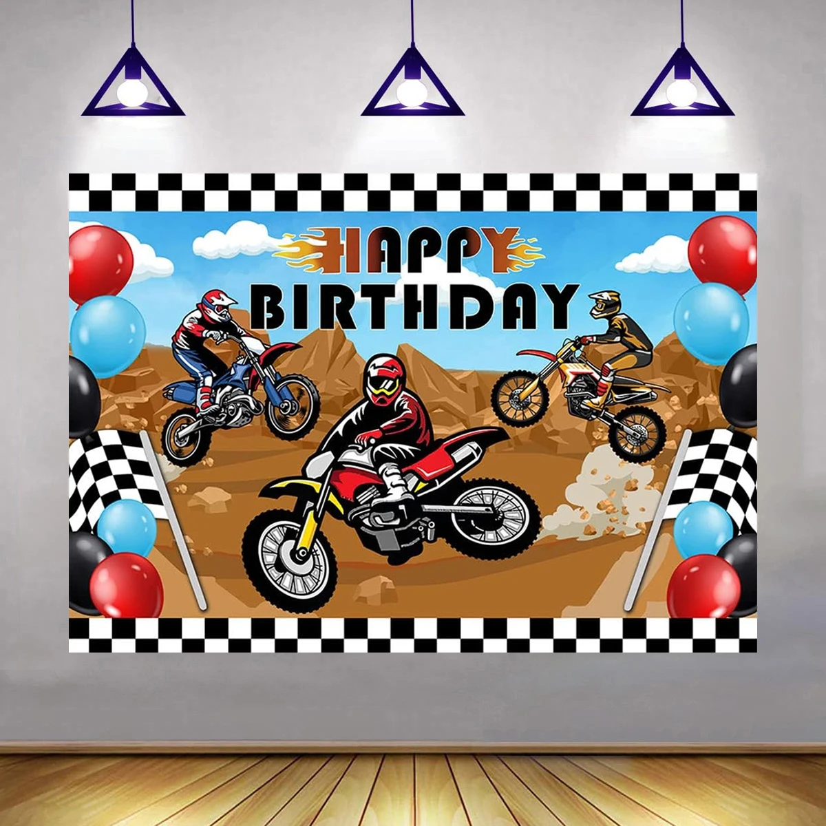 Offroad Racing Motocross Dirt Bike Helmet Trophy Checkered Flag Birthday Backdrop Photo Booth Cake Table Party Decor Rider Track