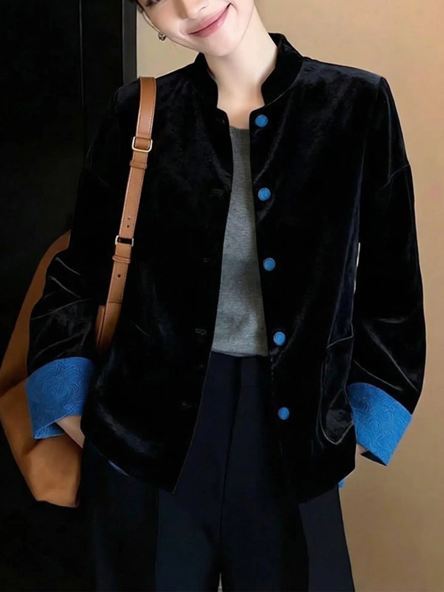 Picture 5: New Chinese Style Velvet Patchwork Jacket Women's Spring 2026 Black Stand Collar Button Double Sided Wear Commuting Top