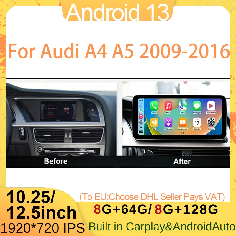 

Apple Carplay AUTO Radio 12.5" Android 13 For AUDI A4 A5 B8 Car Video Players GPS Navigation Central Multimedia Screen 4G WIFI