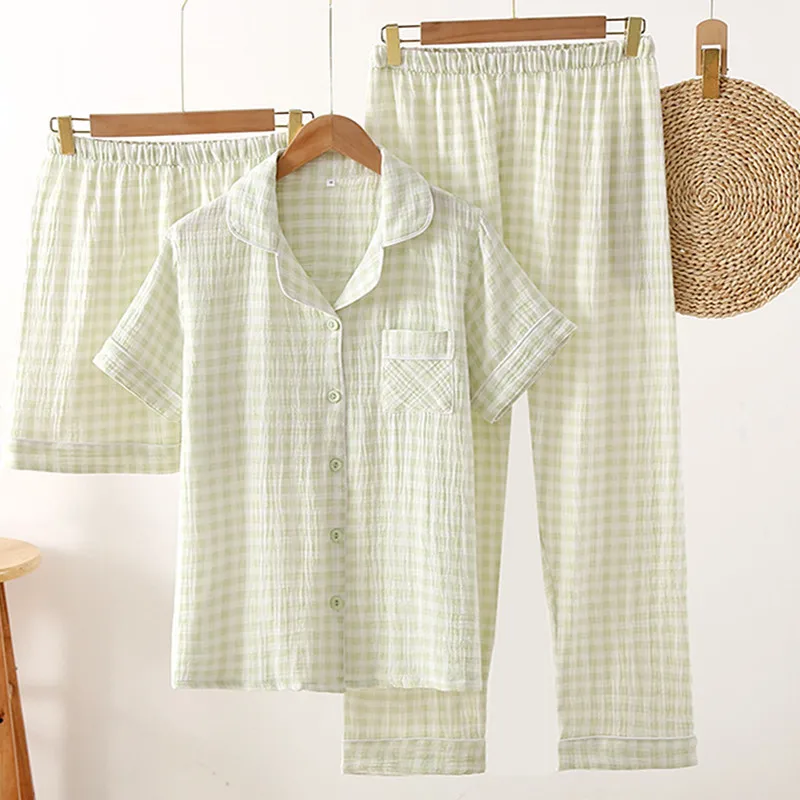 

Women Summer Three Piece Pajamas Set Japanese Plaid Pure Cotton Double Layer Yarn Home Clothes New Ladies Sleepwear Suit