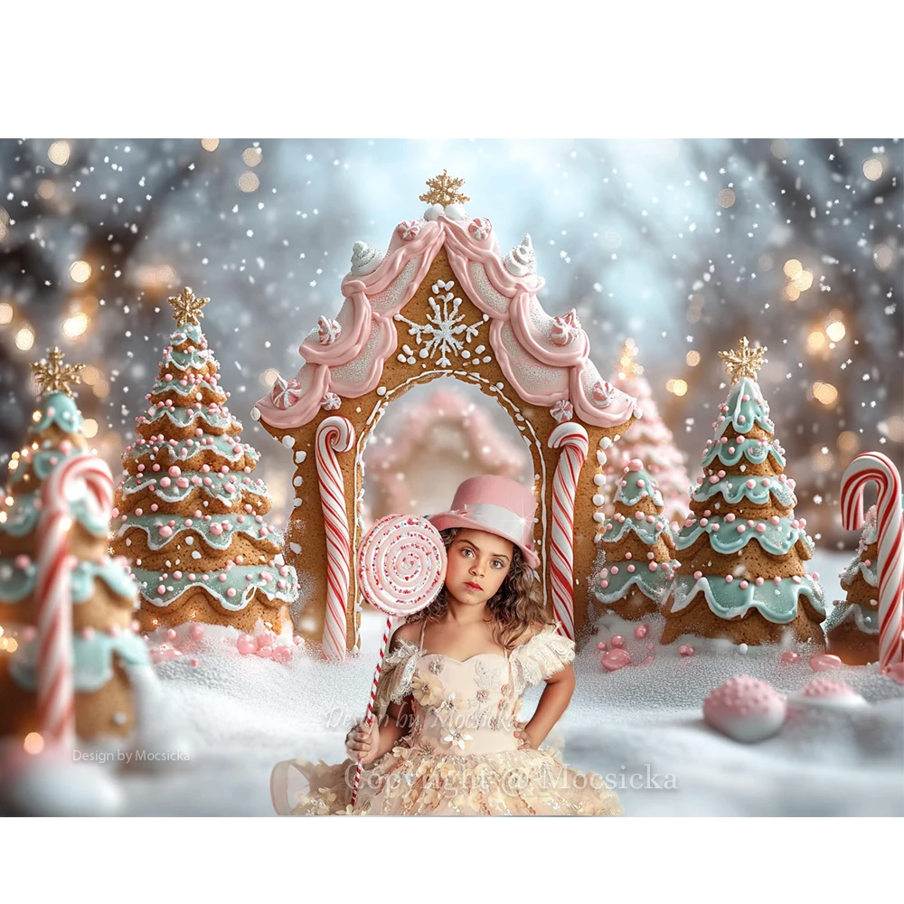 Christmas Candy Wonderland Background Photography for Girl Birthday Gingerbread Arch Door Snowy Backdrop Kid Photo Winter Studio