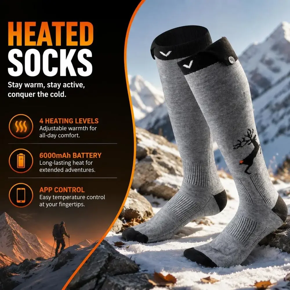 Calcetines térmicos, con batería de 6000 mAh, recargables y con 4 niveles de temperatura, calcetines eléctricos con control mediante aplicación para hombres y mujeres, calentador de pies para cazar, montar a caballo, acampar y hacer senderismo.