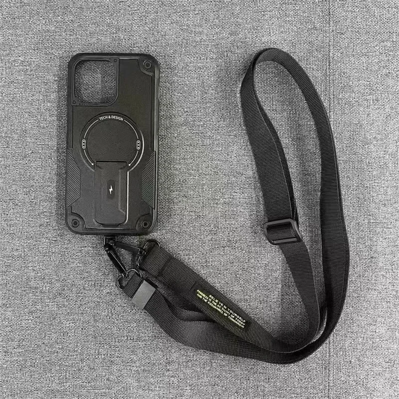 For iPhone 11 12 13 14 15 16 Pro Max Long Strap Crossbody Magnetic Bracket Magsafe Case Shockproof Outdoor Sports Defender Cover