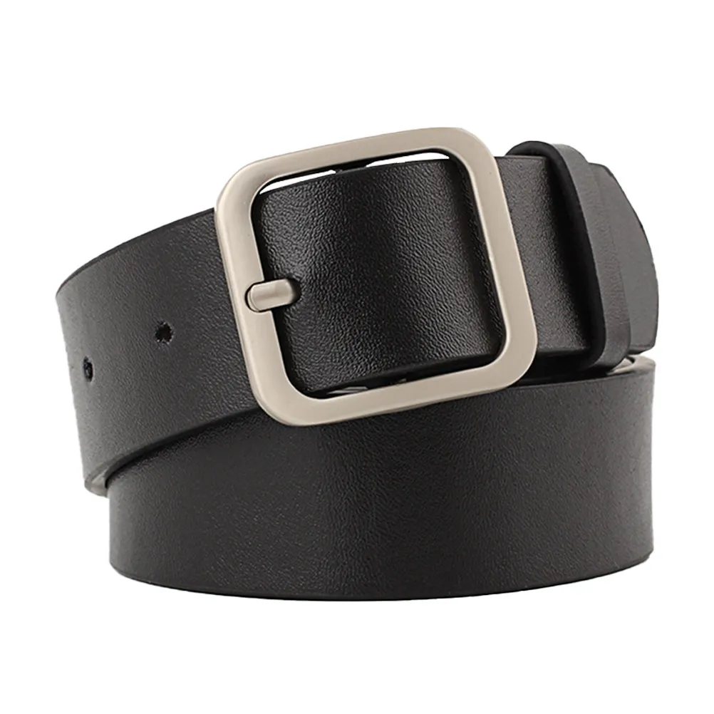 1 unidad. Cinturón femenino con hebilla cuadrada, ajustable, de estilo casual, en color negro y plateado, 110 cm de largo, 3,3 cm de ancho. Accesorio moderno y elegante.