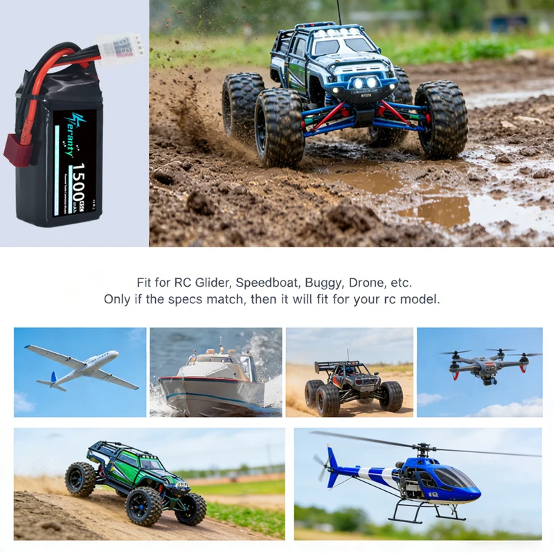 Batteria Lipo TERANTY 2S 3S 4S 1500mAh 7.4V 11.1V 14.8V 45C con Connettori T/XT30/XT60 per Auto RC, Camion, Buggy, Drone FPV, Elicottero, Aeroplano