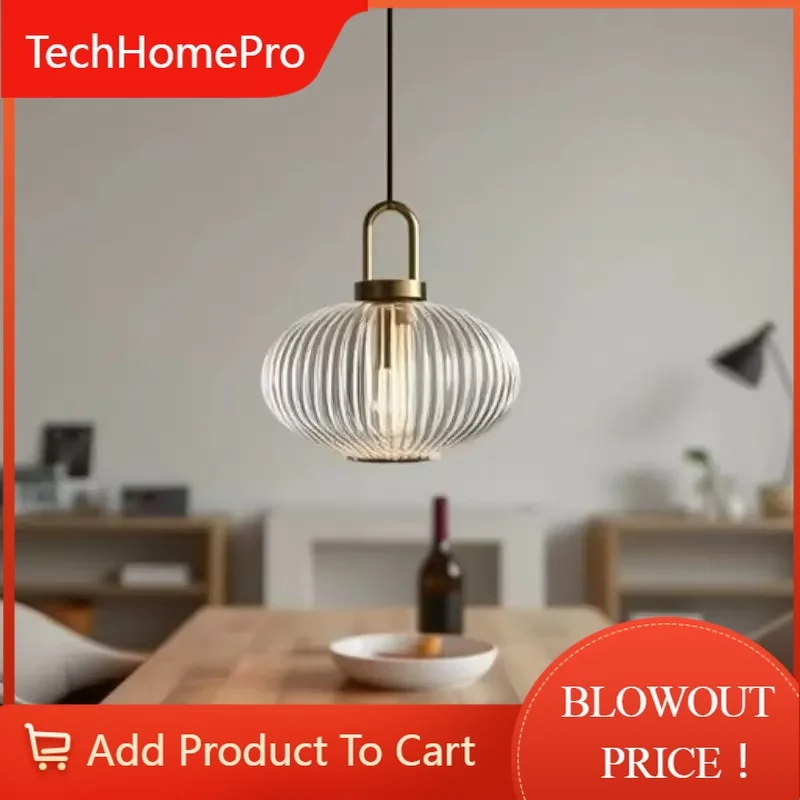 TechHPSingle Head Glass Lantern Pendant Lamp Modern Simple Striped Light For Living Room Bedroom