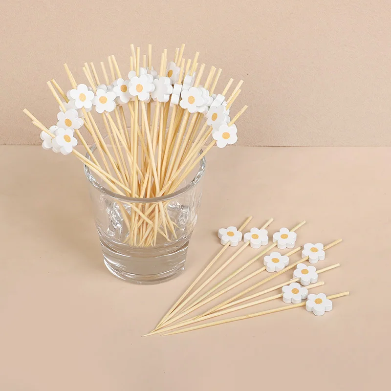 

100PCS White Daisy Flower Disposable Bamboo Dessert Fruit Forks Kid Birthday Party Wedding Photography Props Supplies Decoration