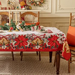 Christmas Bell Poinsettia Floral Rectangle Jacquard Tablecloth Wedding Decor Waterproof Dining Table Covers for Xmas Party Decor