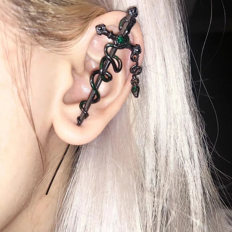 Dark Wind Snake Wrap Ear Hanging Slytherin Snake Yard Piercing Earrings Exaggerated Punk Earneedle Earrings