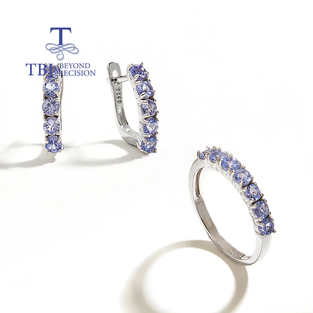 Natural tanzanite Jewelry set small size round 3mm ring earring natural blue tanzanite ring earring 925 sterling silver