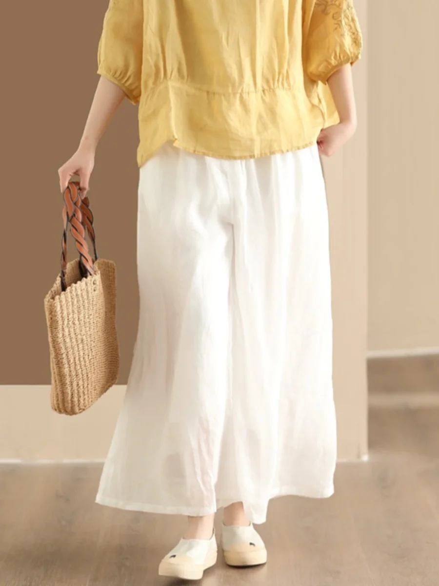 Retro Cotton Linen Wide Leg Pants Women Loose Double Layer Inner Casual Pants Elastic Waist Skirt Pants Long Pants