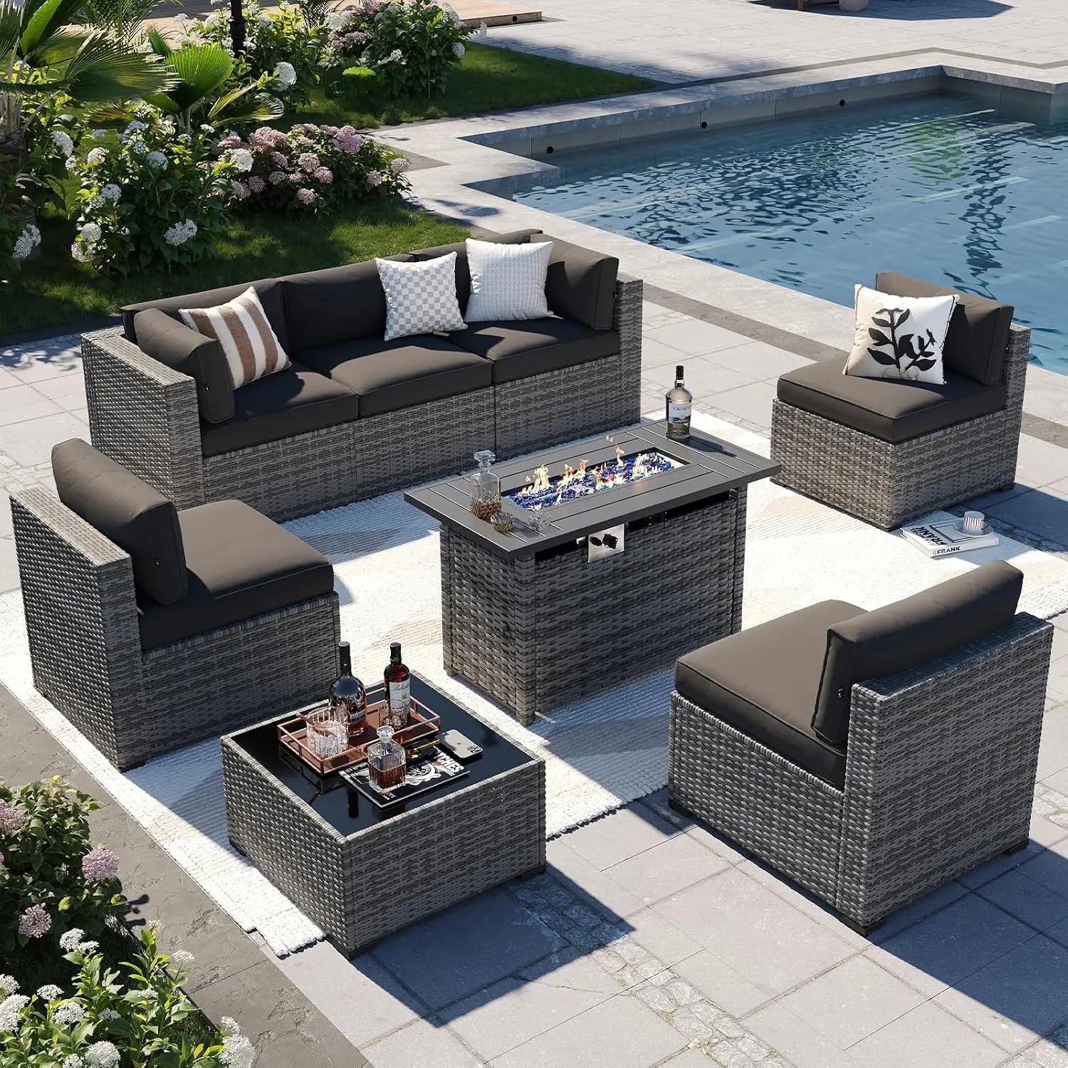8-Piece Wicker Patio Set with 44'' Propane Fire Pit Table, Outdoor Sectional Sofa for Backyard & Poolside, Customized