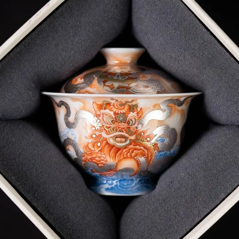 Sacred Mountain High-End Pastel Gold And Silver Alum Red Hand-Painted Lion Bowl, Cup, Tea Brewing Cover Bowl