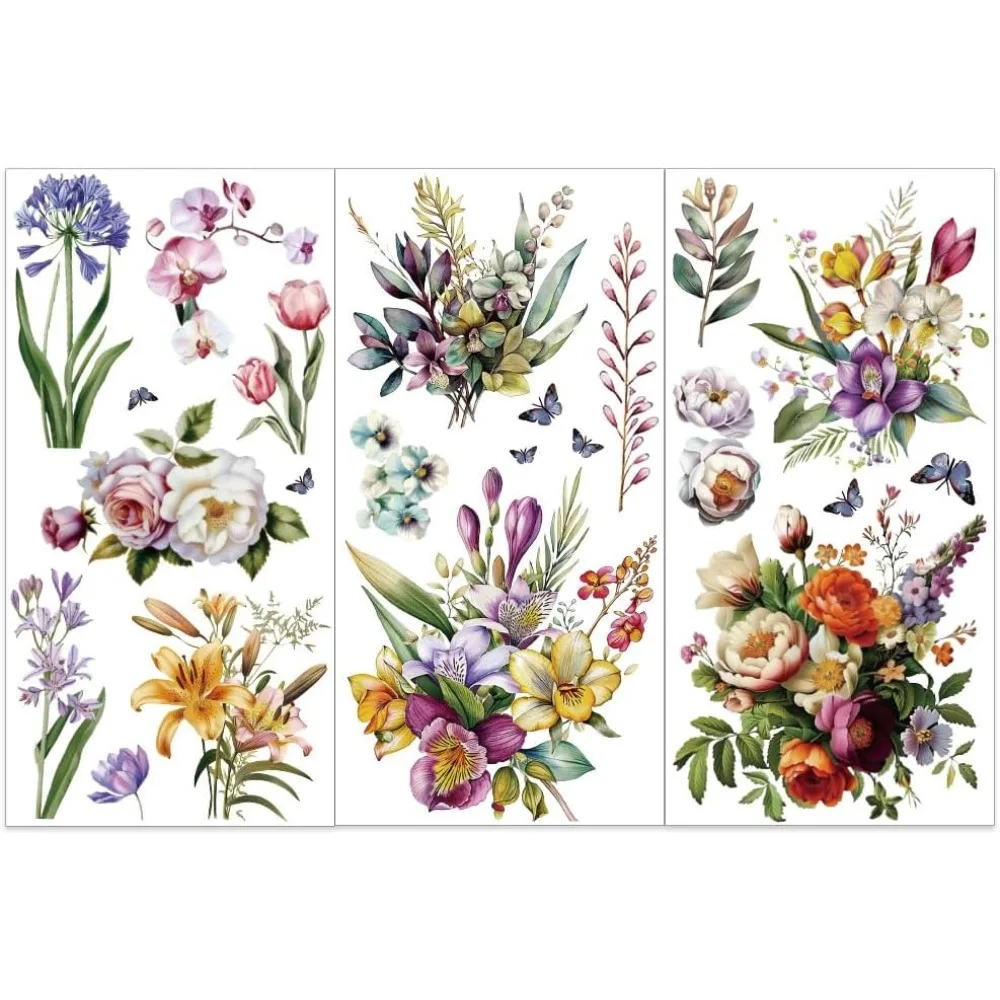 3pcs/Set Bouquet Rub on Transfers for Furniture and Crafts 6x12 inch Peony Lily Decor Transfer Stickers Floral Rub on Decals