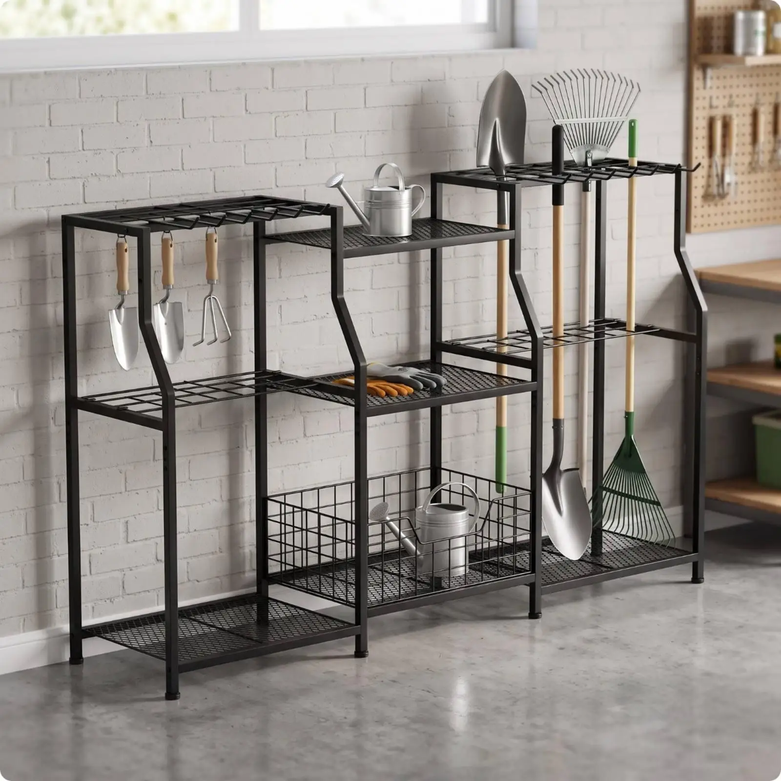 Garden Tool Organizer Multi-Functional Garage Storage Rack with Hooks Rust Proof