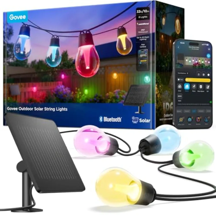 Outdoor Solar String Lights, 33ft with 8 RGBICW Bulbs IP67 Waterproof 112 Modes and APP Control via Bluetooth, 8 Dimmable LED S