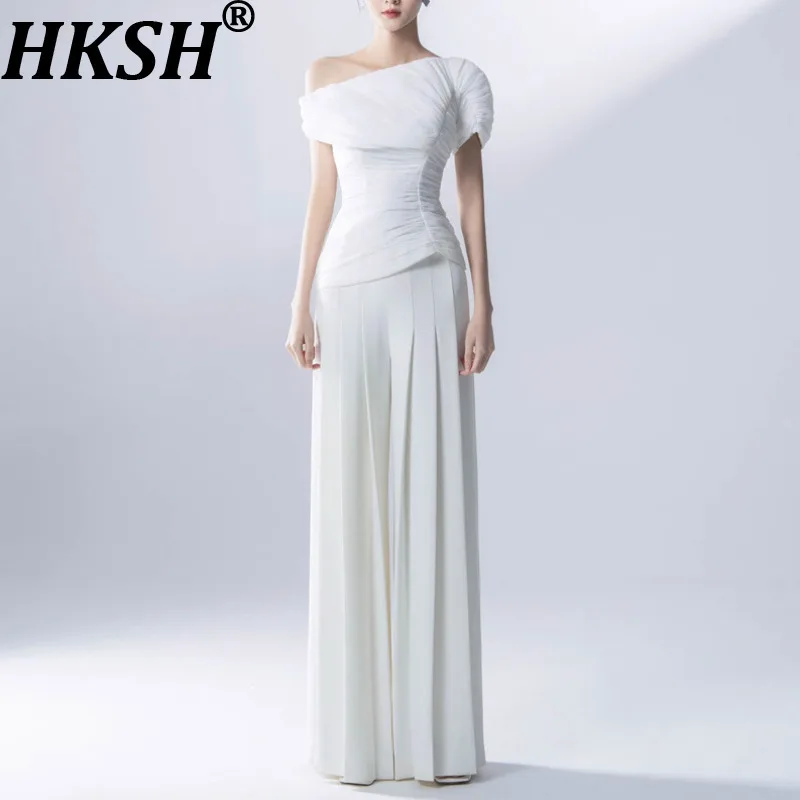 

HKSH Summer Autumn Women Niche Fashion Elegant Tide Pleated Top High Waist Avant-Garde Chic Wide Leg Fold Suit-Pants Set HK8450
