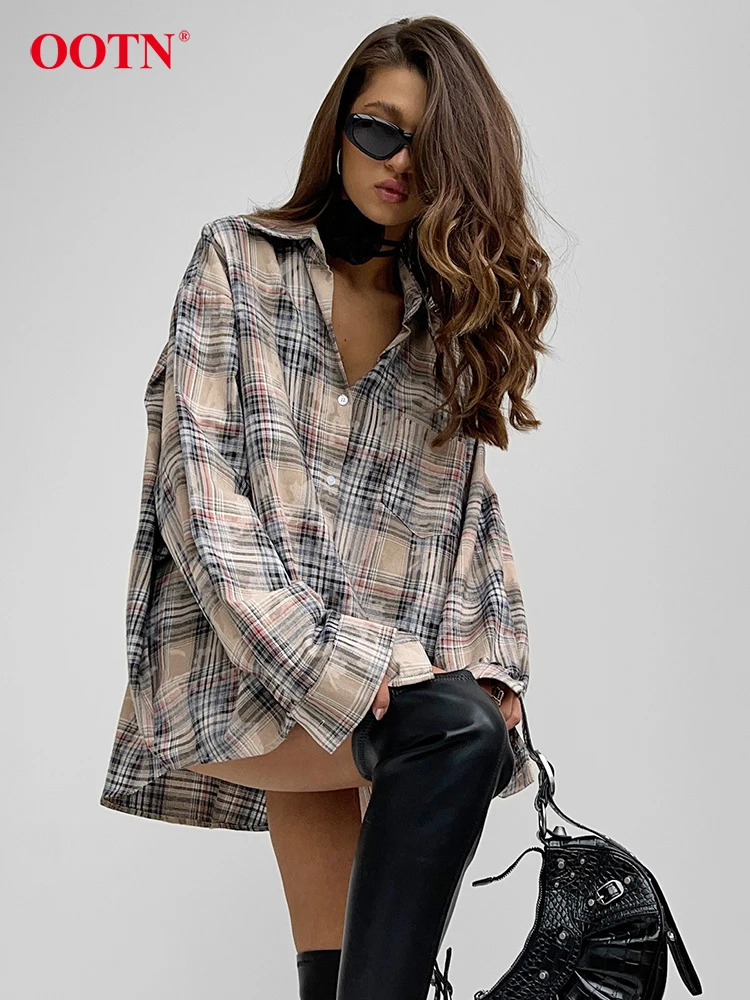 OOTN Vintage Check Long Sleeve Shirts Spring Streetwear Loose Turn Down Collar Blouse Women 2024 Casual Single Breasted Tops