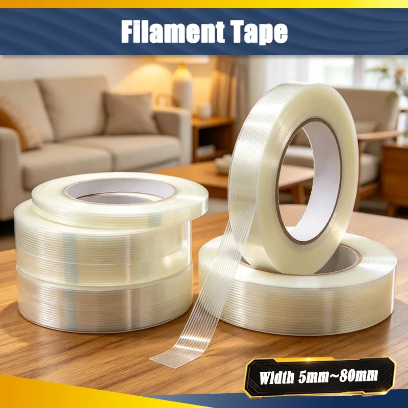 Filament Tape 50m Roll Heavy Duty Single Direction Glass Fiber Reinforced High Tensile Strength Strapping Tape Bundling Packing