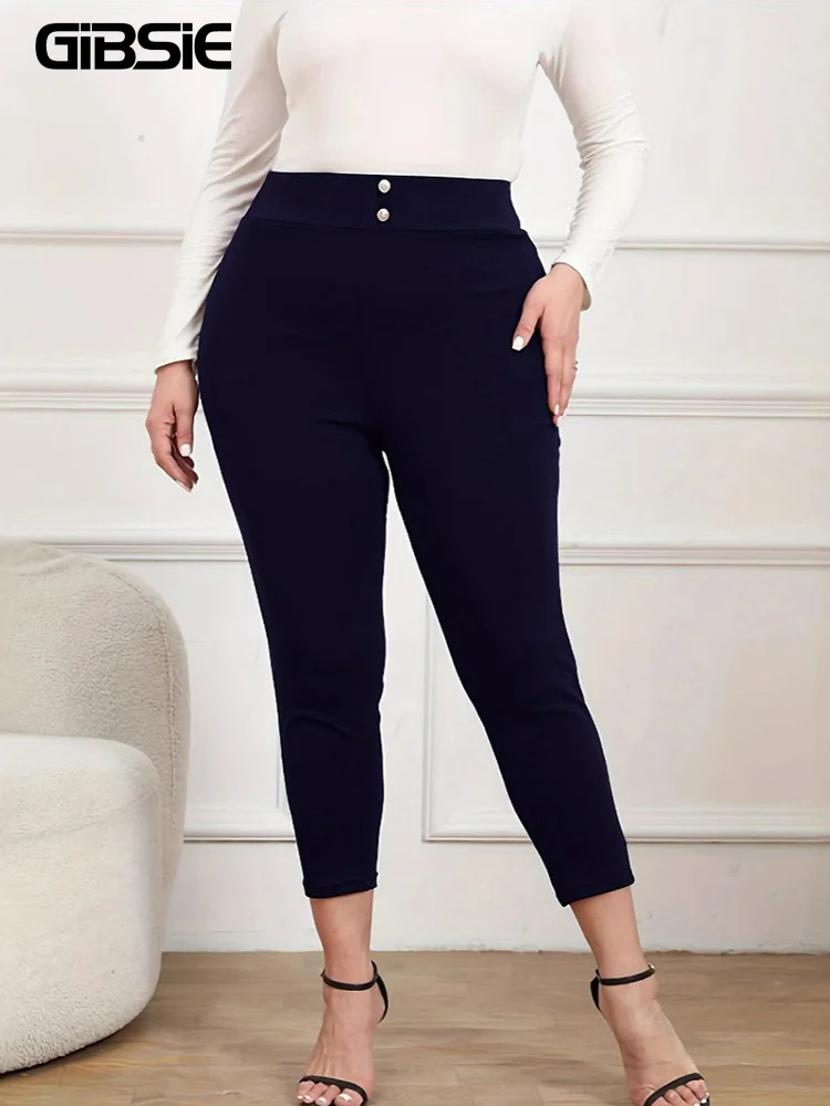 

GIBSIE Plus Size Fashion Elastic Pencil Pants Women 2025 Spring Summer Elegant High-waisted Slim-fit Solid Color Skinny Pants