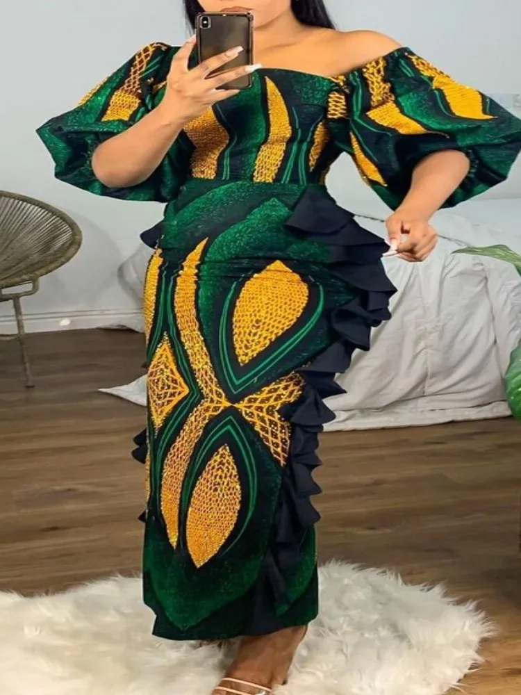 Robes Africaines Pour Femmes Polyester Robe Mince 2022 Automne Sexy Découpé Volants Robes Femmes ixBureau Maxi Robe Éducative S-3XL