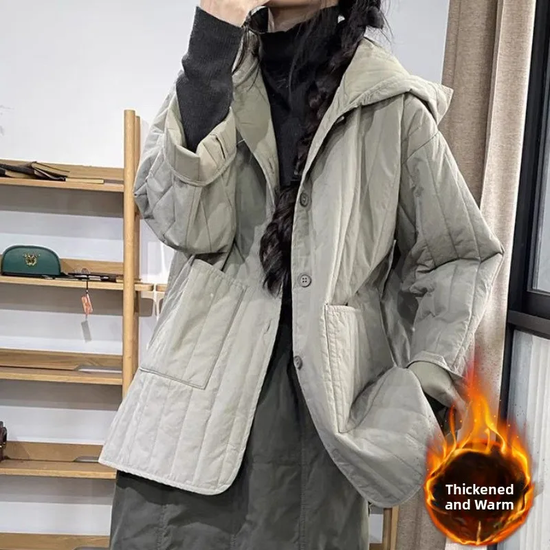 

Женское пальто из хлопкового тюэта Thiened, свободная теплая хлопковая одежда большого размера, зимняя верхняя одежда из полиэстера с капюшоном, пальто