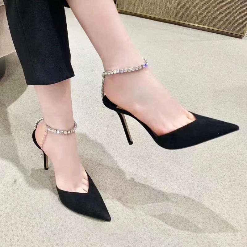 High Heels 2023 New Summer Rhinestone Chain Pointed Black Sexy Stiletto Toe Box Sandals For Women