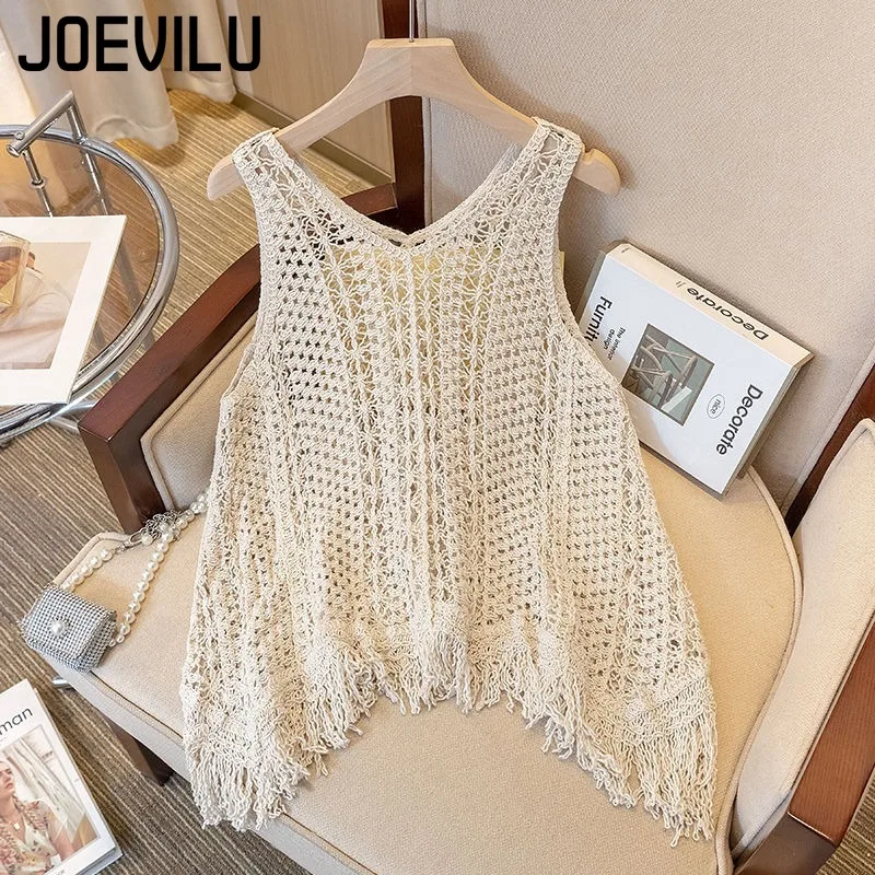 

Summer Crochet Vest Women's Bohemian Lace Hollow Out Sleeveless Camisole Tassel Hooded Beach Coat Sexy Loose Top Women Shirt