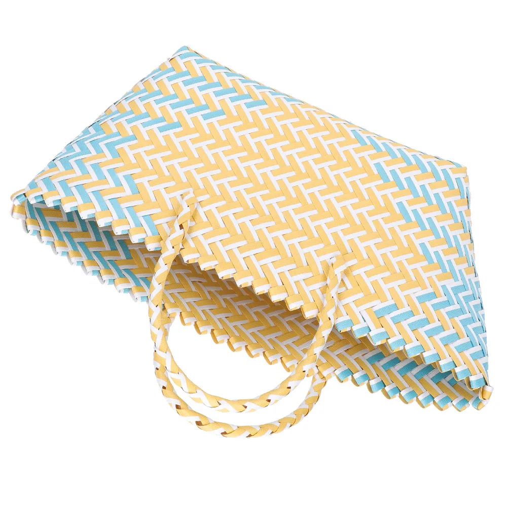 

2Pcs Striped Woven Storage Baskets Portable Plastic Shopping Containers for Fruits Household Items Snacks