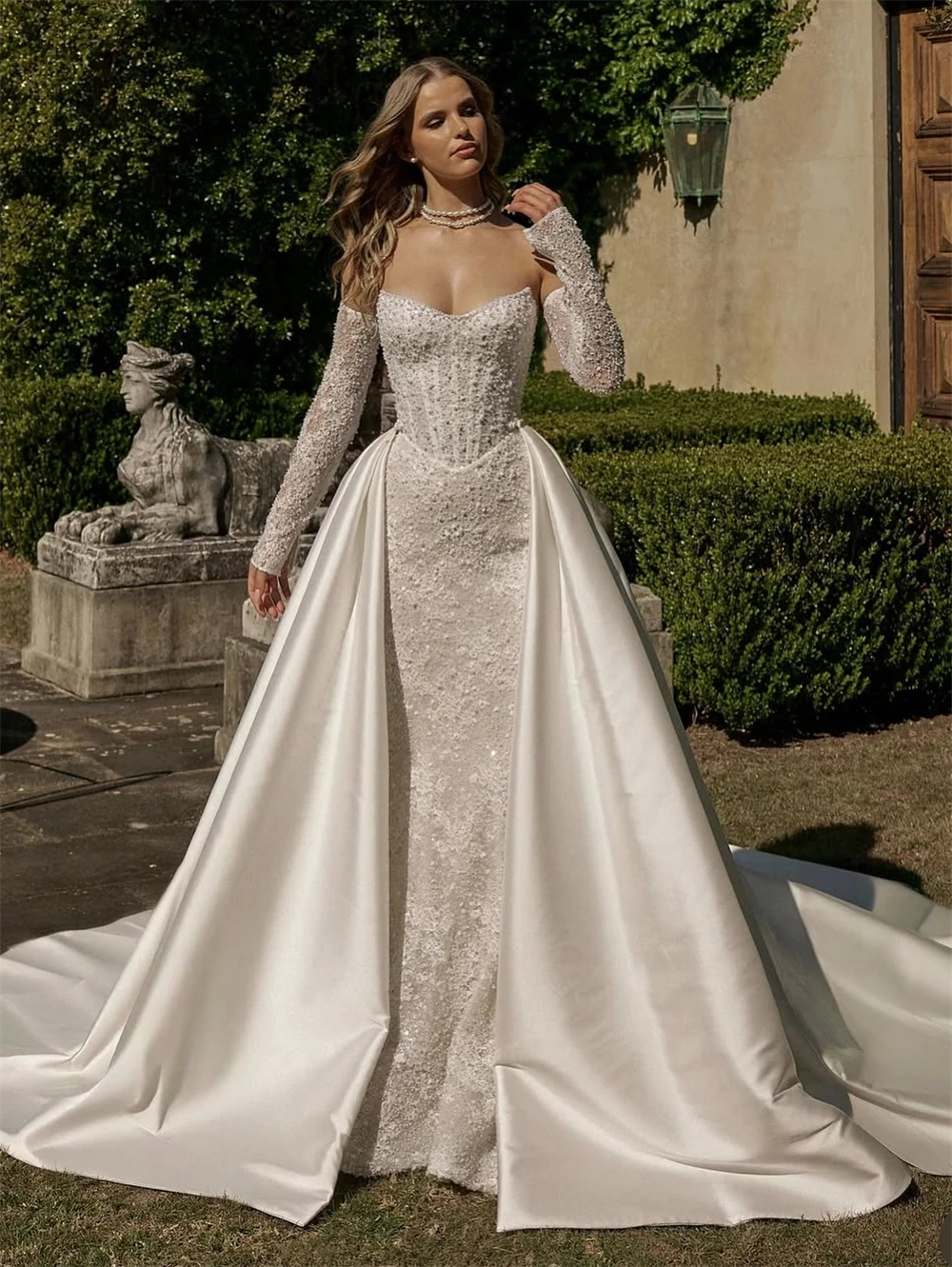 

Customized Elegant White Satin Wedding Dress Classic Sweetheart Sleeveless Bridal Gowns Soft Straight Pearls Robe de mariée