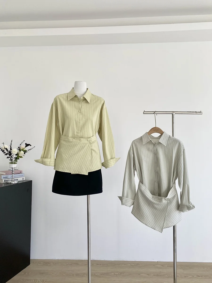 

Spring 2025 Women's Slim Fit Neck Striped Long Sleeve Shirt Irregular Design Fashionable Elegant Commute Style Polyester...
